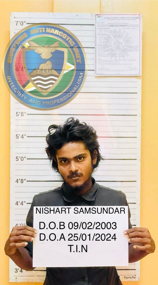 CONVICTION - Nishart Samsundar was charged with possession of 1.976kgs of cannabis for trafficking and cultivating a prohibited plant. He pleaded guilty and was sentenced to four years in prison, a fine of GY$1,778,400 for trafficking, and four years in prison for cultivating a prohibited plant.