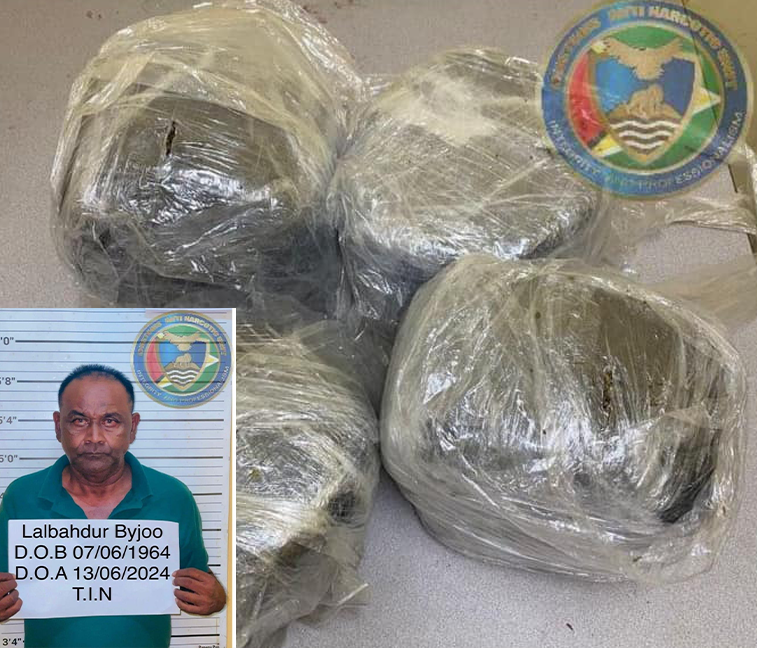 On June 13, 2024, CANU officers intercepted a motor car in Parika, East Bank Essequibo area, revealing bulky parcels of suspected cannabis. Albahadur Byjoo, 60, was arrested and escorted to CANU's Headquarters with the narcotics, which tested positive for cannabis and weighed nine kilograms. Investigations are ongoing.