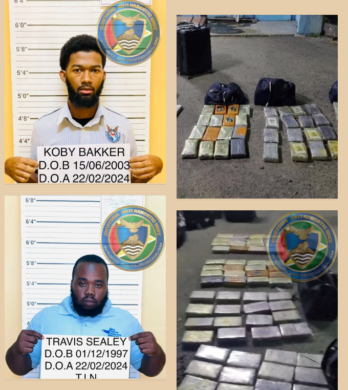Two males were arrested by CANU officers at Cheddi Jagan International Airport on February 22, 2024, after retrieving four duffle bags from an unknown male. The bags contained 64 brick-like parcels suspected to be cocaine. The suspects, Travis Sealey and Koby Bakker, were taken to CANU's headquarters. The narcotic, weighing 71.2 kg, had an estimated street value of GY$64,000,000. The narcotic was intended for a British Airways flight bound for St. Lucia, with a connection to the UK. Investigations are ongoing.