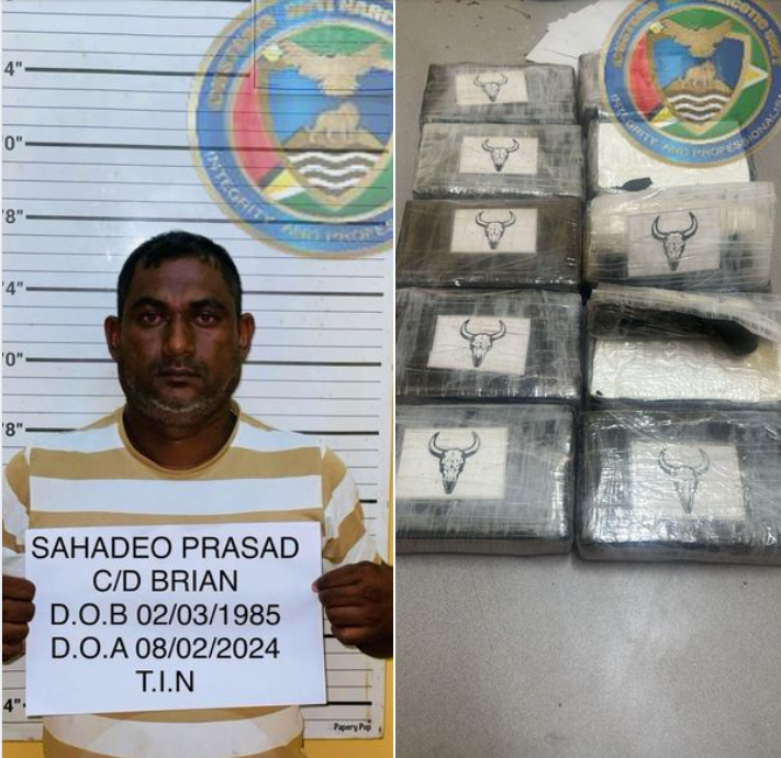 On 8th February 2024, CANU officers intercepted a motor vehicle and found ten parcels of suspected cocaine. 39-year-old Sahadeo Prasad was arrested and taken to CANU's Headquarters. The parcels of suspected cocaine tested positive for cocaine.
