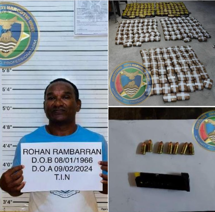 On February 9th, 2024, CANU Officers intercepted a motor vehicle at Eccles Housing Scheme, East Bank Demerara, containing 250 brick-like parcels suspected to be cannabis. A search at the residence revealed seven 9mm live rounds of ammunition. Rambarran, also known as "Sauce," was arrested and escorted to CANU's Headquarters.