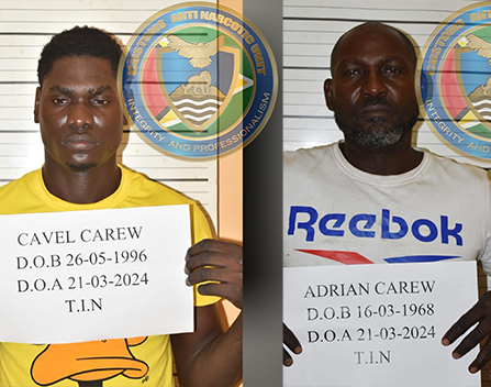 TRIAL UPDATE - Adrian Carew and Cavel Carew appeared in court for trafficking 11.204 kilograms of cocaine. Adrian was remanded to prison, while Cavel was granted bail of GY$600,000, with Cavel required to report to the Custom Anti-Narcotic Unit (CANU) headquarters monthly.